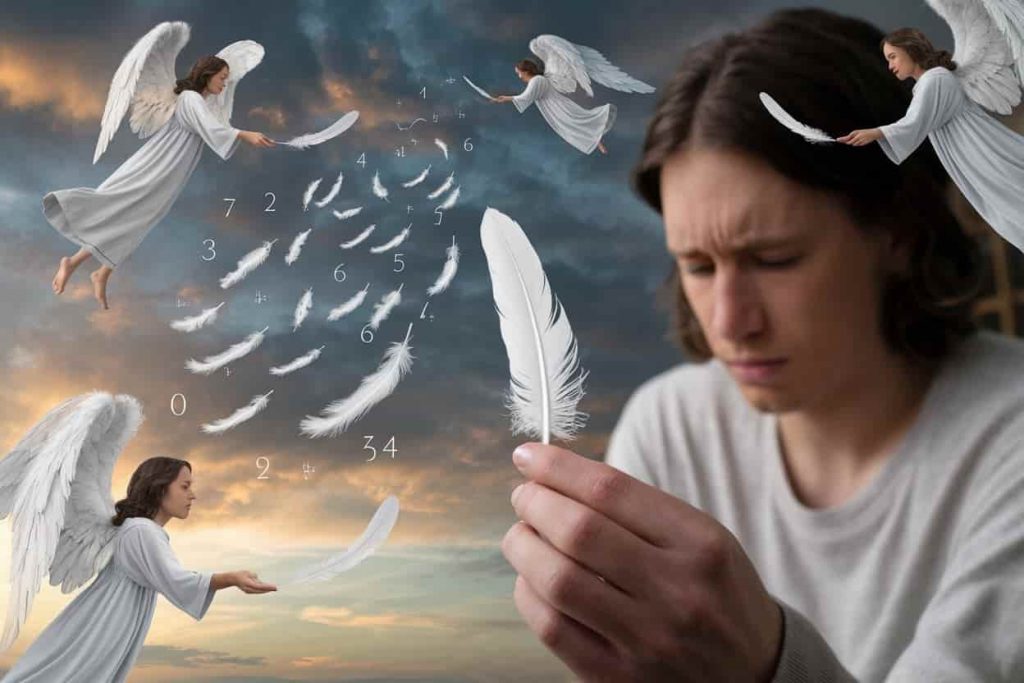 Ethereal angelic figures using feathers to send messages, with feathers floating down and transforming into symbols, comforting a grieving person.