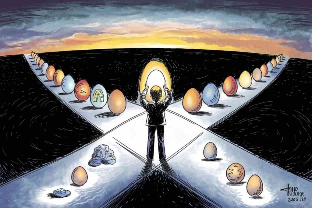 Person at a crossroads holding a glowing egg, with paths lined with egg symbols leading to different opportunities.