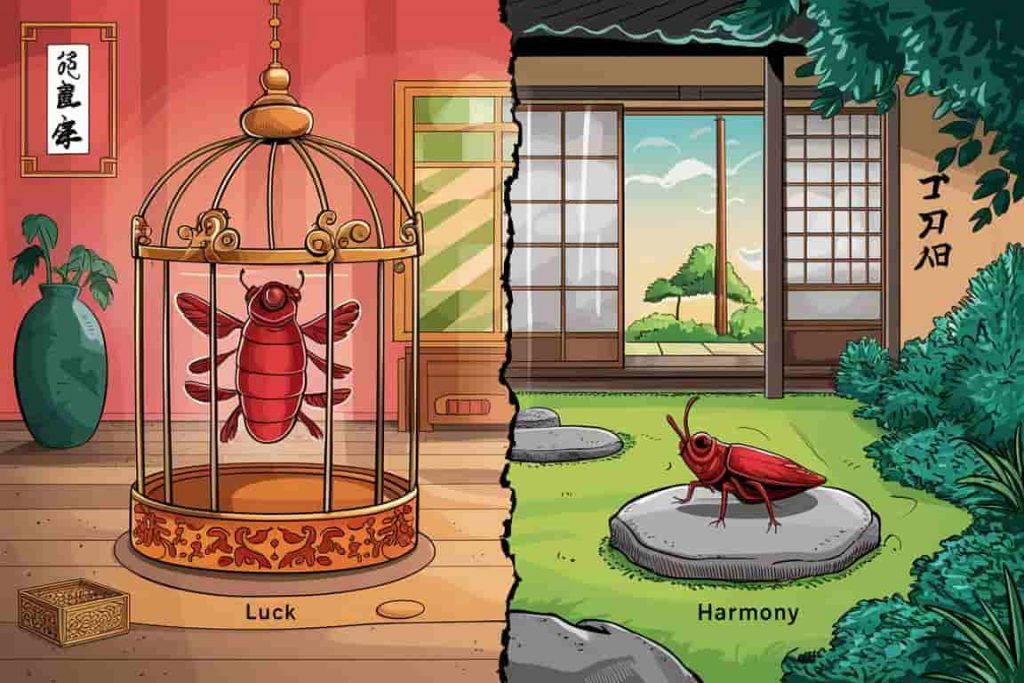 depicting the dual roles of crickets in Asian cultures: as luck-bringers in China and symbols of harmony in Japan