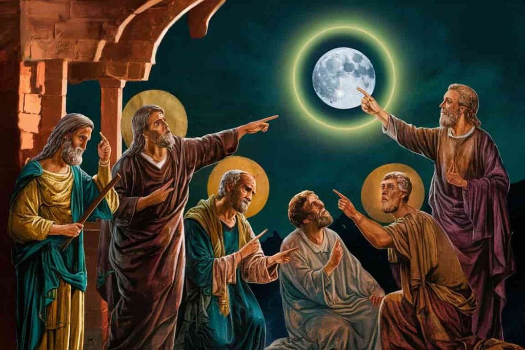 Biblical figures gesturing towards a moon with a halo, surrounded by Old and New Testament symbolism.