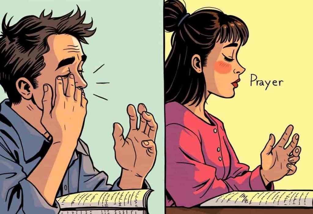 Split image of a person in pain and in prayer, with biblical verses about suffering, representing the biblical perspective on physical pain.