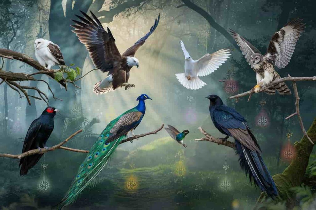 A mystical forest scene with various birds perched on branches, each with a highlighted feather and a symbol representing its spiritual meaning