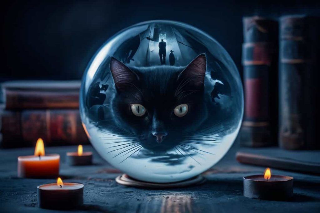 Crystal ball reflecting a black cat, with shadowy images of potential future events or life changes visible within the orb.