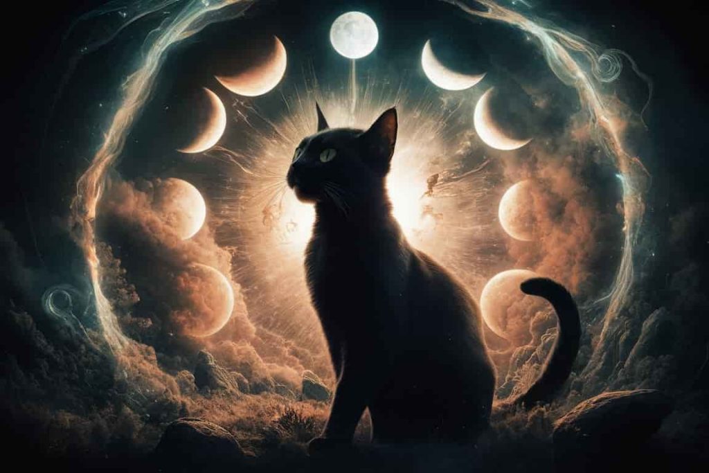 Silhouette of a black cat against a cosmic background, surrounded by spiritual symbols including a third eye, moon phases, and energy swirls.