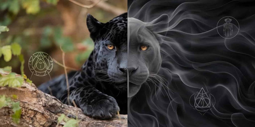 Split image of physical black jaguar and spiritual representation with symbols of power and mystery