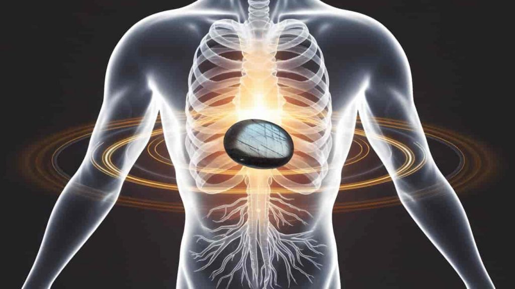 Human silhouette with glowing energy points and black labradorite stone