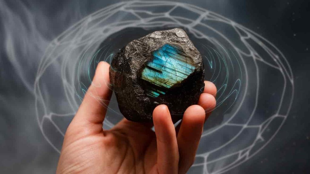 Hand holding a rough black labradorite crystal with visible energy waves, showcasing its mystical properties