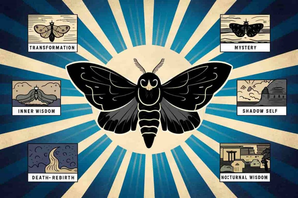 Cartoon of a black moth with six symbolic vignettes representing its spiritual meanings