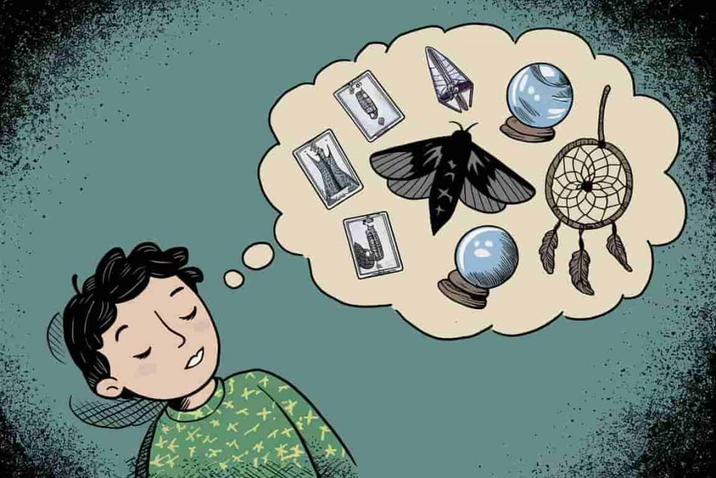 Illustration showing the role of black moths in dream interpretation and various divination practices.
