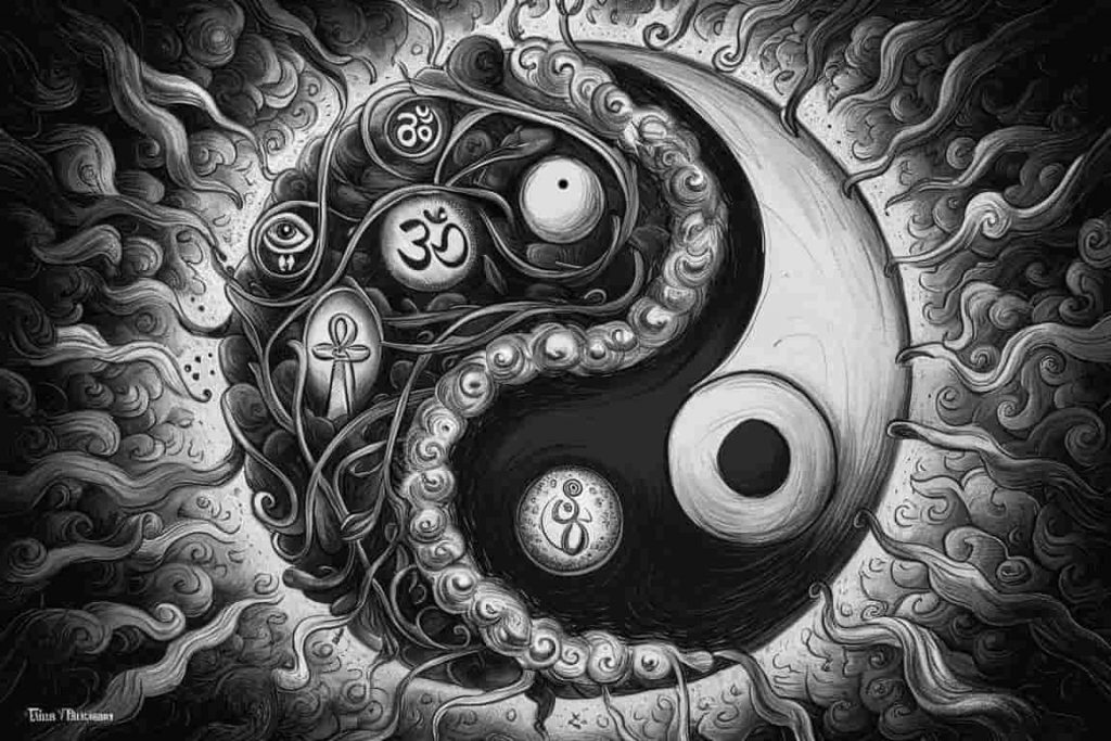 Yin-yang symbol with spiritual symbols emerging, all in black and white
Title: Spiritual Symbolism in Black and White Dreams