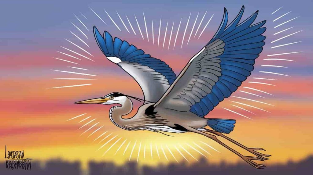 A blue heron soars through a sunset sky, its wings outstretched and rays of light emanating from its silhouette, embodying its role as a spiritual messenger.