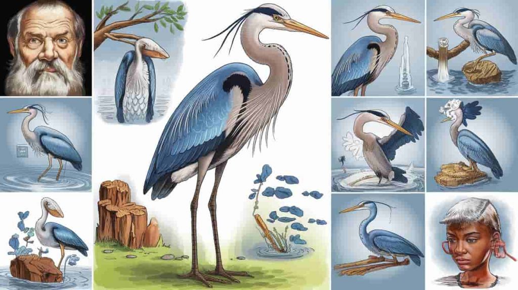 A collage of images showcasing a blue heron in various poses, each representing a different symbolic meaning associated with this majestic bird,