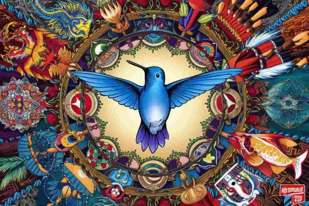 Cartoon depicting a blue hummingbird surrounded by diverse cultural symbols and mythological elements