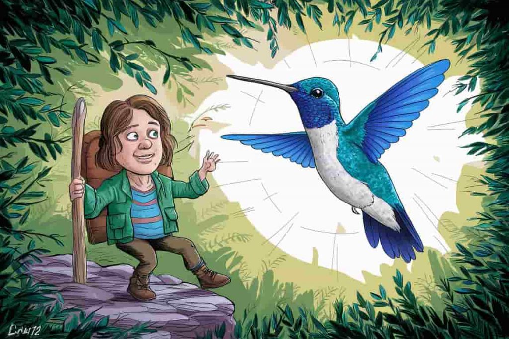 Cartoon of a blue hummingbird spirit animal guiding a person through life's challenges