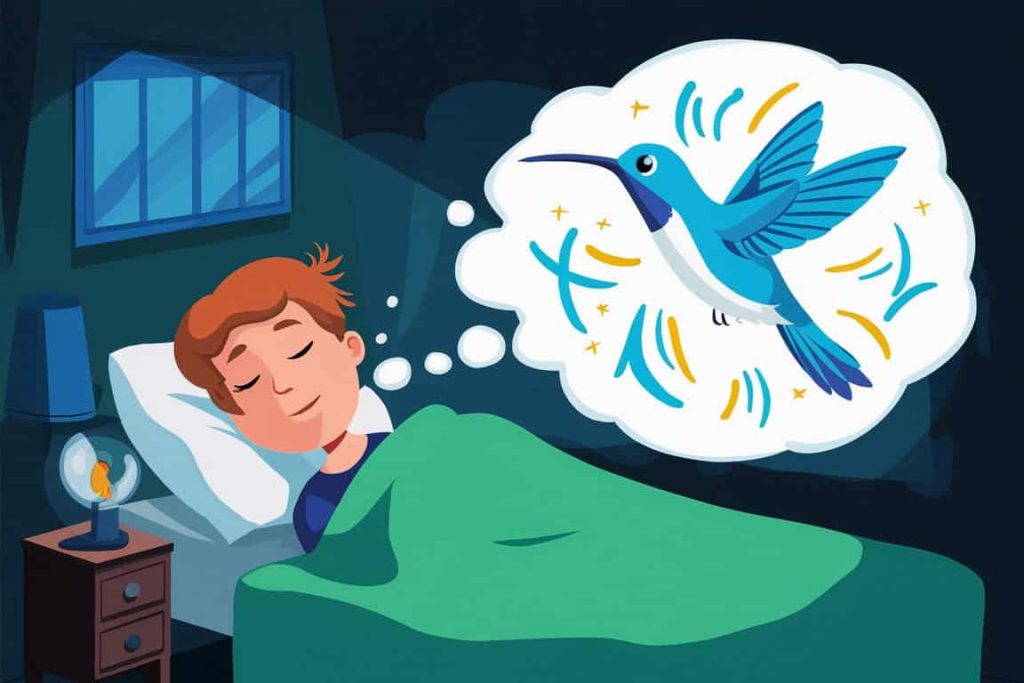 Cartoon of a person sleeping with a blue hummingbird appearing in their dreams
