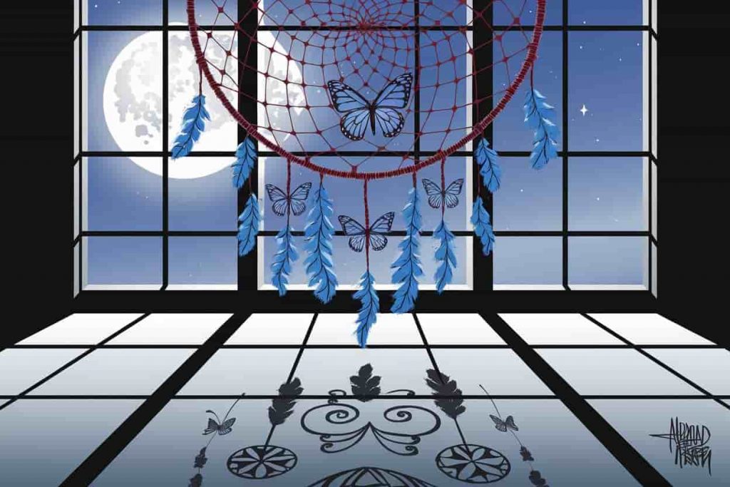 Dreamcatcher with blue monarch butterflies casting spiritual symbol shadows in moonlight.