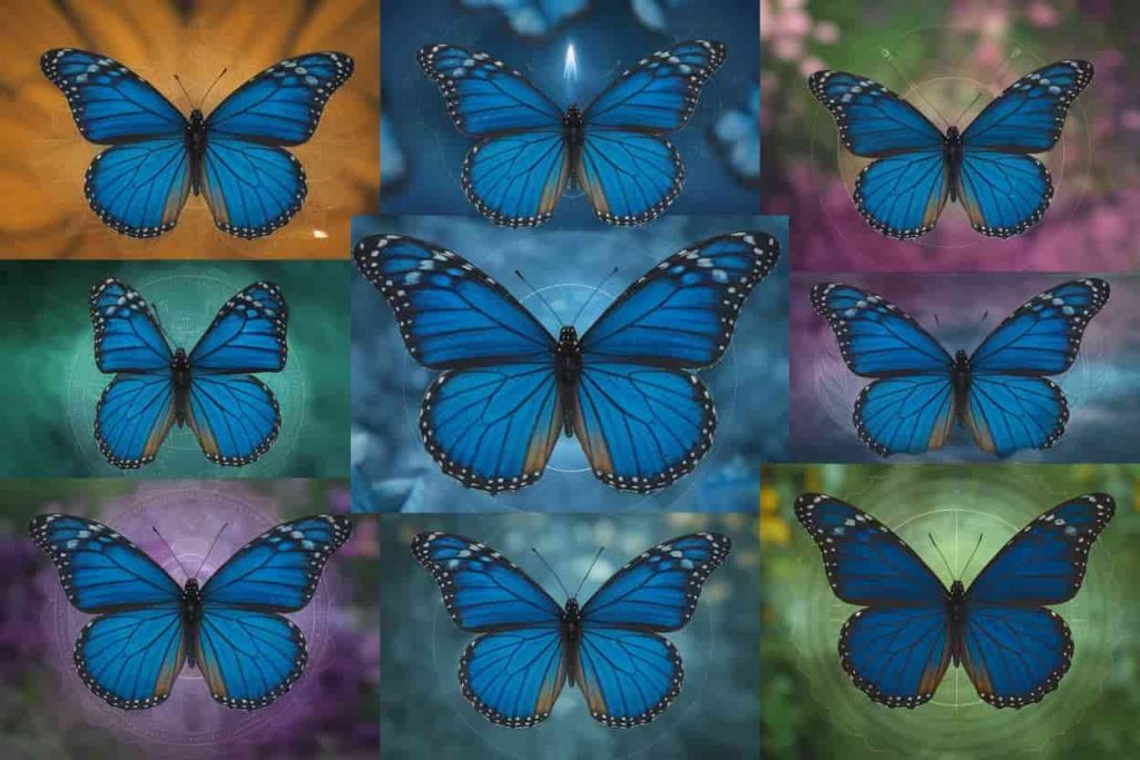 Collage of blue monarch butterflies surrounded by colorful auras, representing various spiritual symbols and energies.