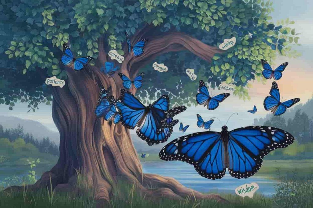 Ancient tree with blue monarch butterflies emerging from its leaves, each carrying a spiritual lesson on its wings.