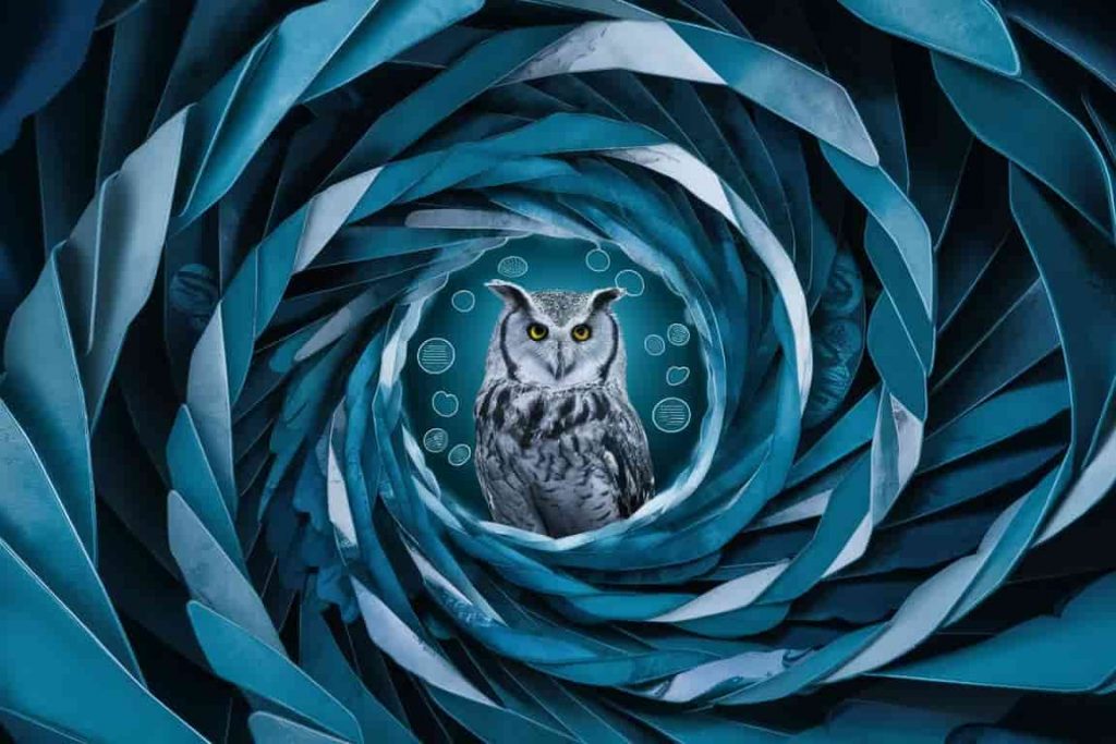Spiral pattern of blue shades with wisdom, communication, and infinity symbols
