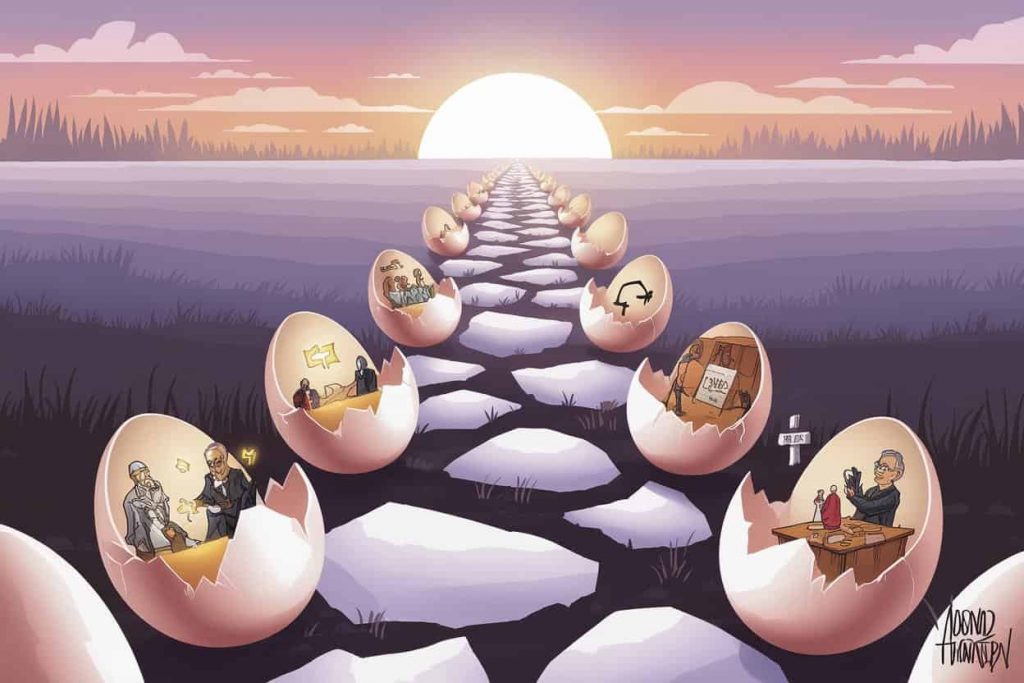 Transitional landscape from dawn to day with an eggshell path, featuring broken eggs revealing guidance symbols and future predictions.