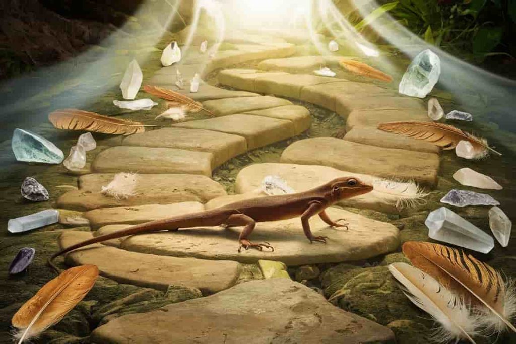 Brown lizard crossing a crystal-lined path in a serene natural setting with ethereal light