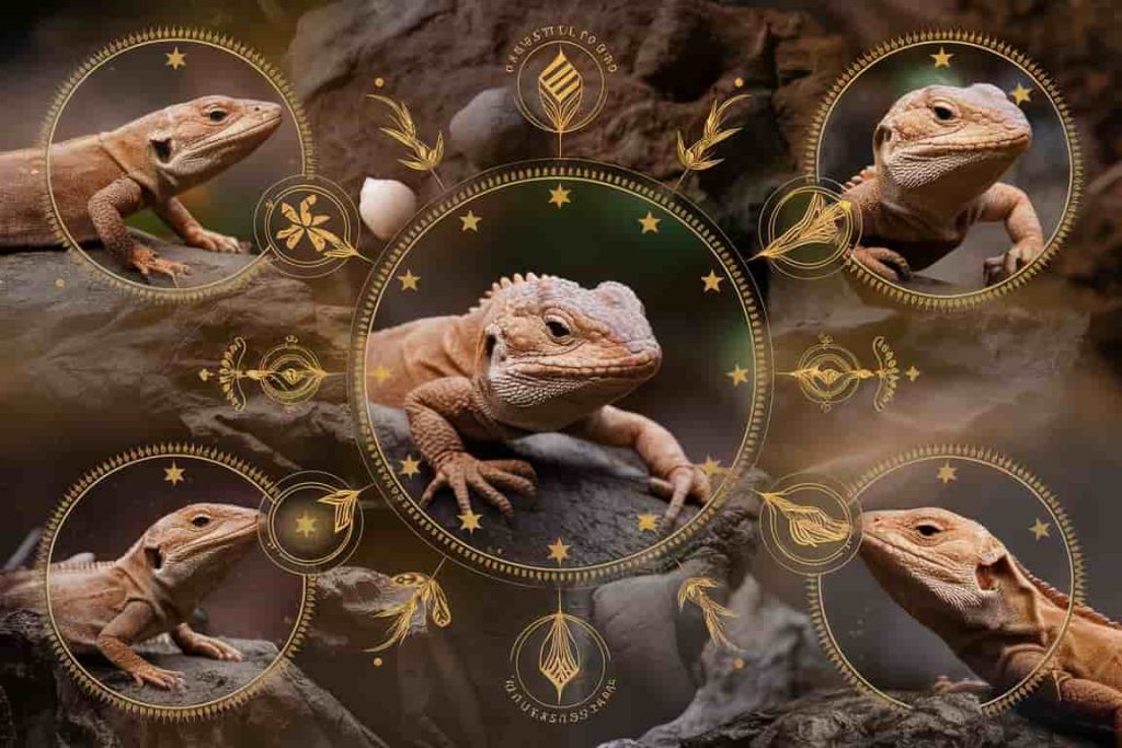 Collage of brown lizards with spiritual symbols representing adaptability, renewal, and intuition