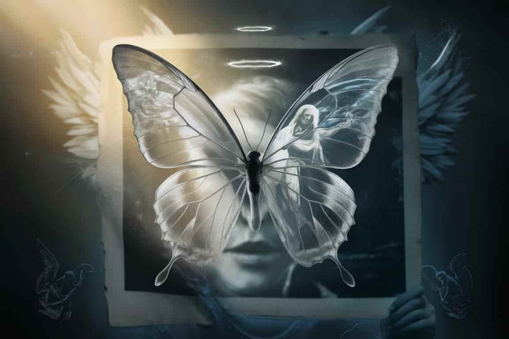 A butterfly emerging from an old photograph, symbolizing connections with departed loved ones