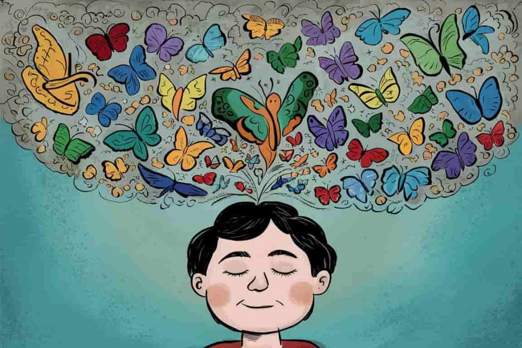 Cartoon depiction of a meditating person surrounded by a swirl of colorful butterflies, illustrating the concept of butterfly sightings and their spiritual significance in dreams and waking life.