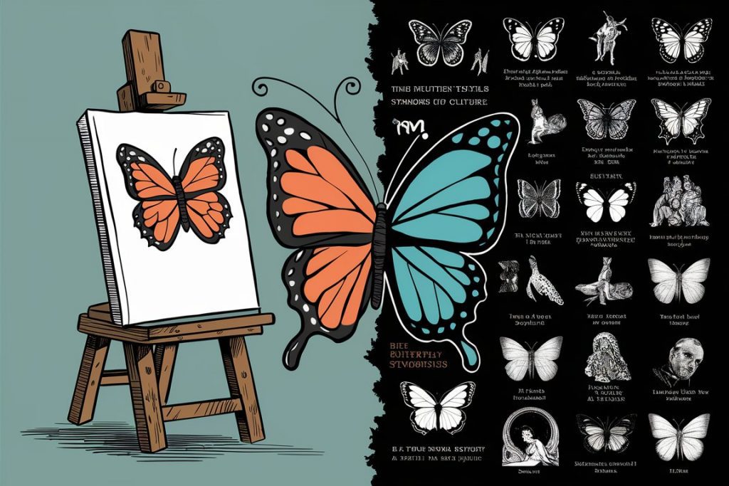 Cartoon illustration showing the intersection of butterfly imagery in art, literature, and cultural symbolism, represented by an artist's canvas blending into various cultural and literary elements.