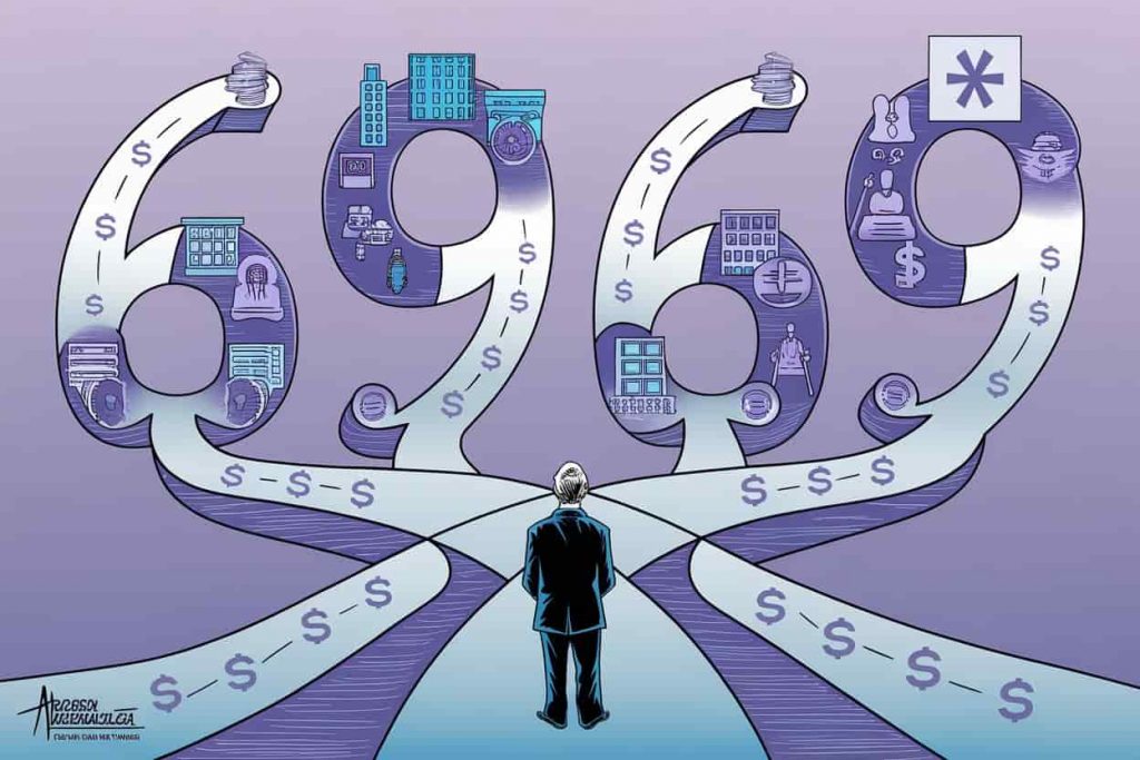 Person at career crossroads with 6969-shaped paths leading to various career symbols and financial representations