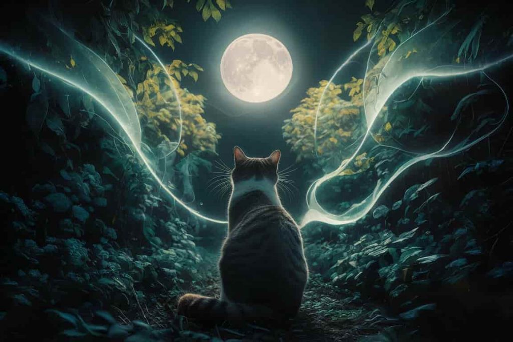 Cat in a moonlit garden, surrounded by glowing spirit orbs and energy waves, symbolizing spiritual communication.