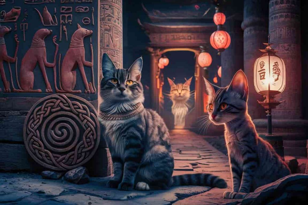 Ancient Egyptian temple with cats, surrounded by Celtic knots and Asian yin-yang symbols, representing diverse cultural views on cats' spirituality.