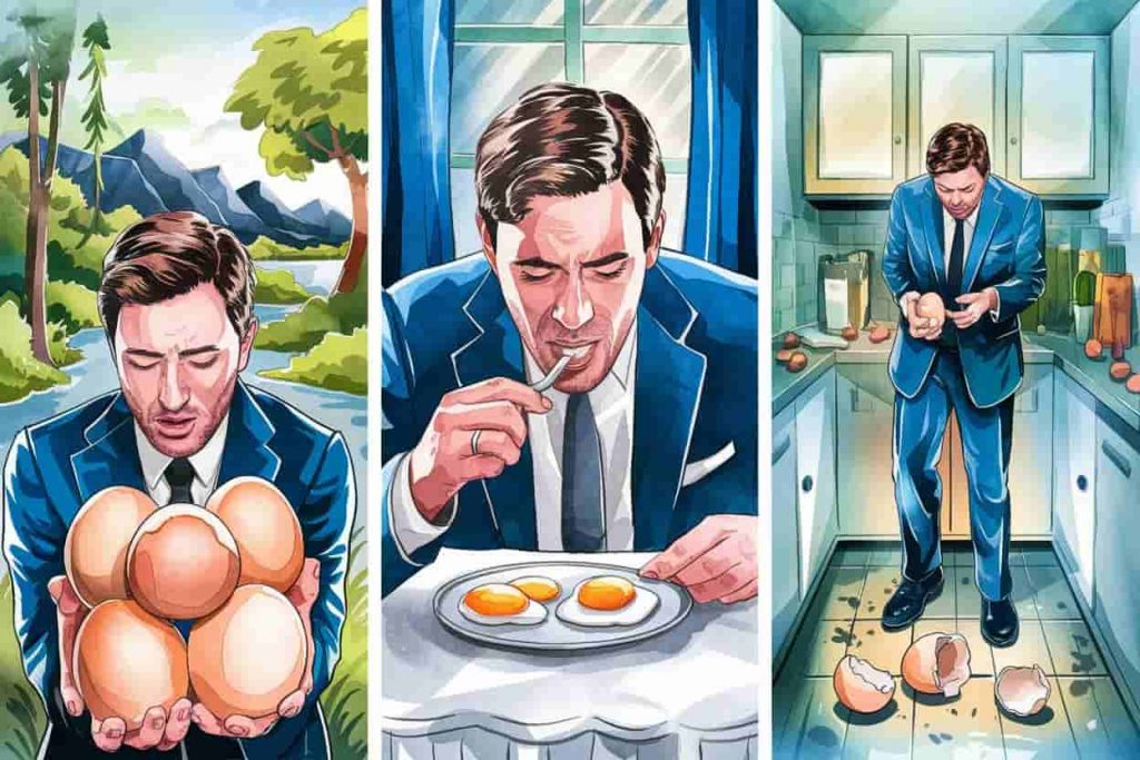 Triptych of egg dream scenarios: discovering, consuming, and broken eggs, illustrated in dreamy watercolor style.