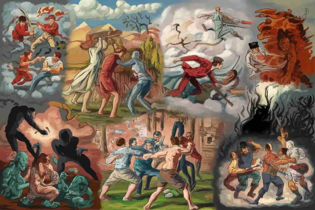 Collage of various dream fight scenarios including hand-to-hand combat, weapon battles, and confrontations with shadowy figures in a surreal landscape.