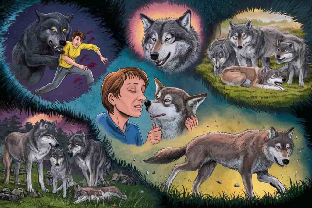 Dreamscape with various wolf dream scenarios including chase, friendly encounter, pack, and transformation