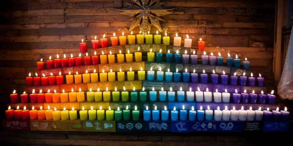 A spectrum of lit candles arranged in a line, each with a unique color and accompanied by symbols representing their spiritual meanings.