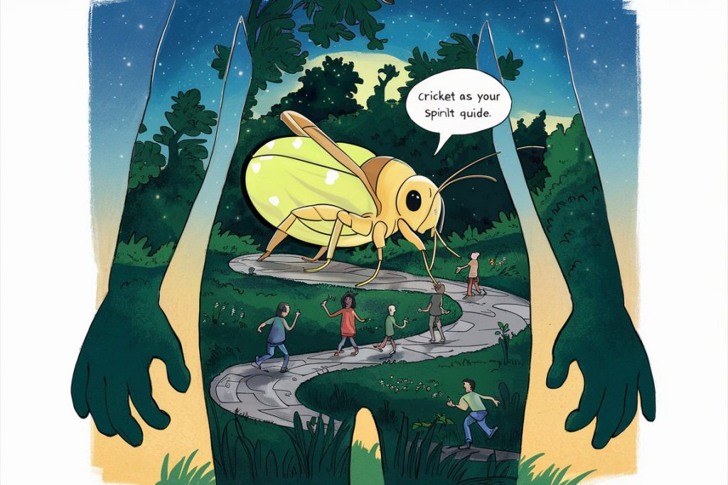 Cartoon depicting a cricket spirit animal guiding humans through life's path