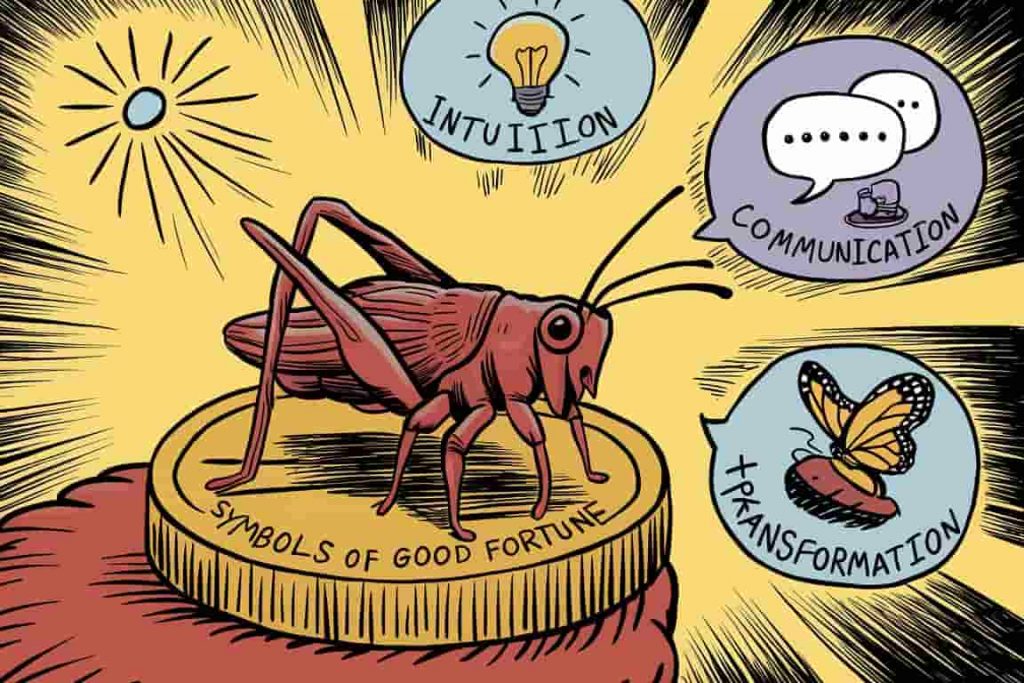 Cricket on a golden coin with symbols of intuition, communication, and transformation. Spiritual symbols