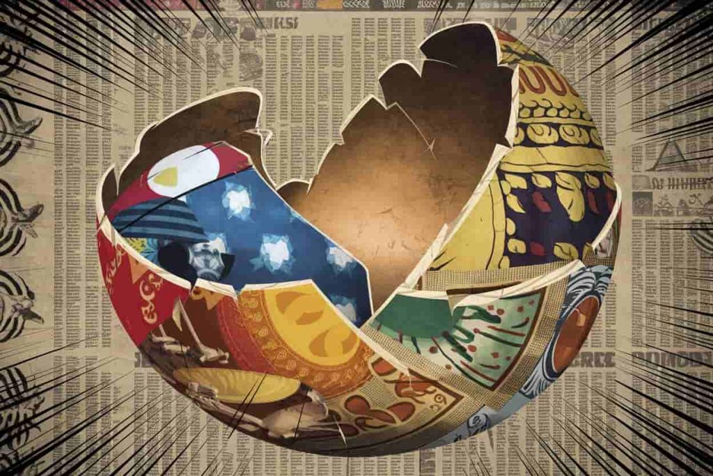 Globe-shaped egg cracked open, revealing diverse cultural symbols and artifacts representing various interpretations of broken eggs.