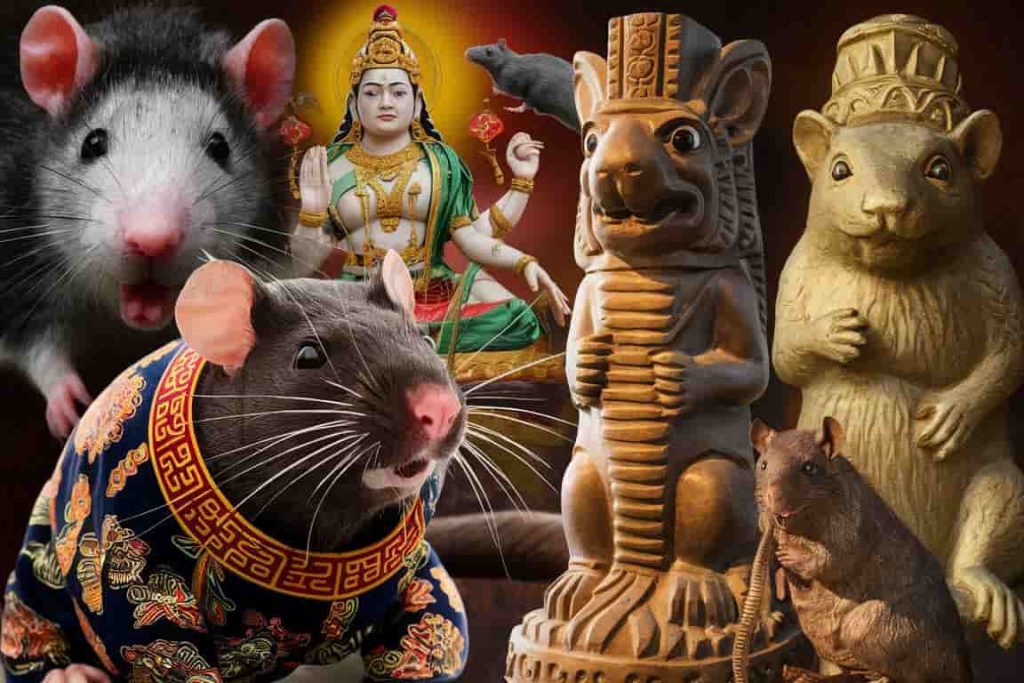 Collage of rat depictions in various cultural contexts including Chinese zodiac, Native American, Hindu, and European traditions