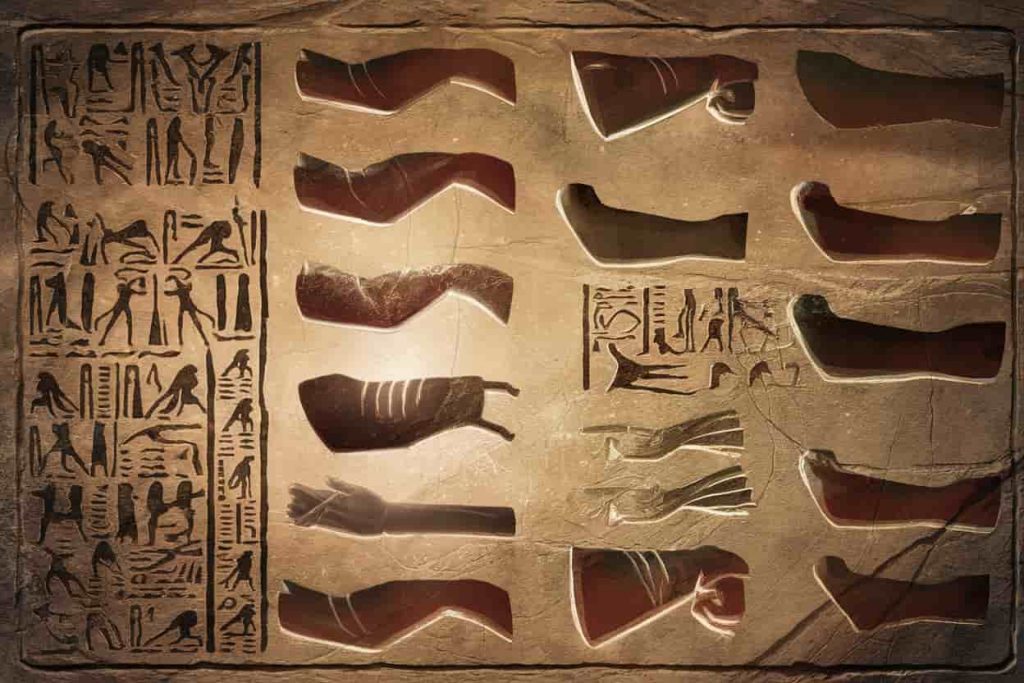 Ancient stone tablet with arm hieroglyphics and symbols from various cultures