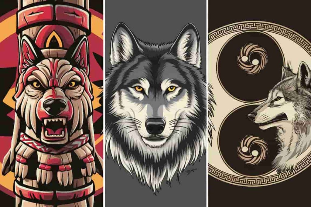 Triptych of wolves in Native American, Norse, and Eastern cultural representations