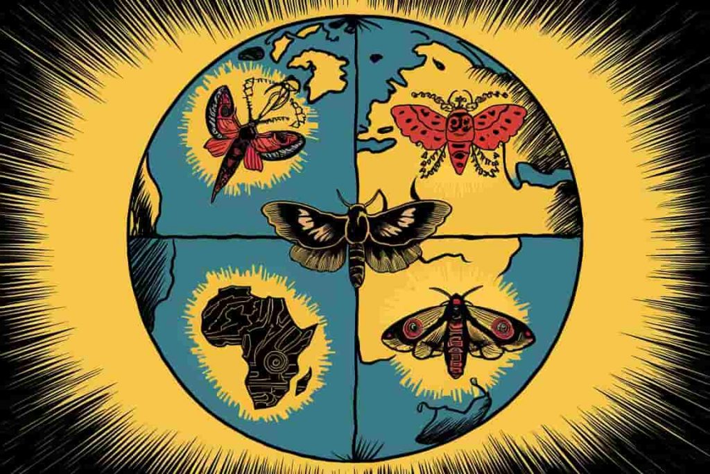 Illustration depicting how various cultures around the world interpret and symbolize black moths in their spiritual traditions.