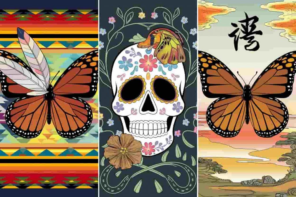 Triptych of monarch butterflies in Native American, Mexican, and Eastern philosophical contexts