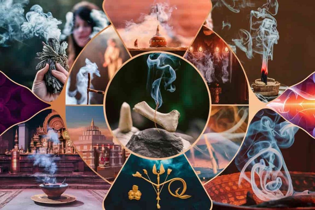 Collage of cultural symbols representing smoke in various spiritual traditions