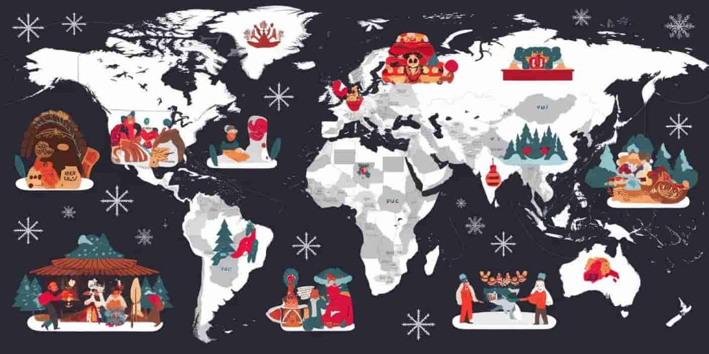 World map featuring various cultural winter celebrations and spiritual practices
