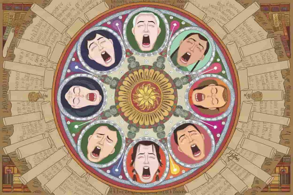 Mandala of yawning faces from different cultures surrounded by spiritual symbols