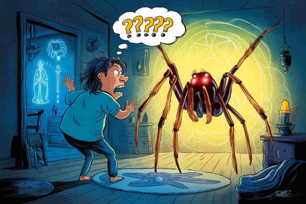 Cartoon of person having spiritual encounter with glowing daddy long legs