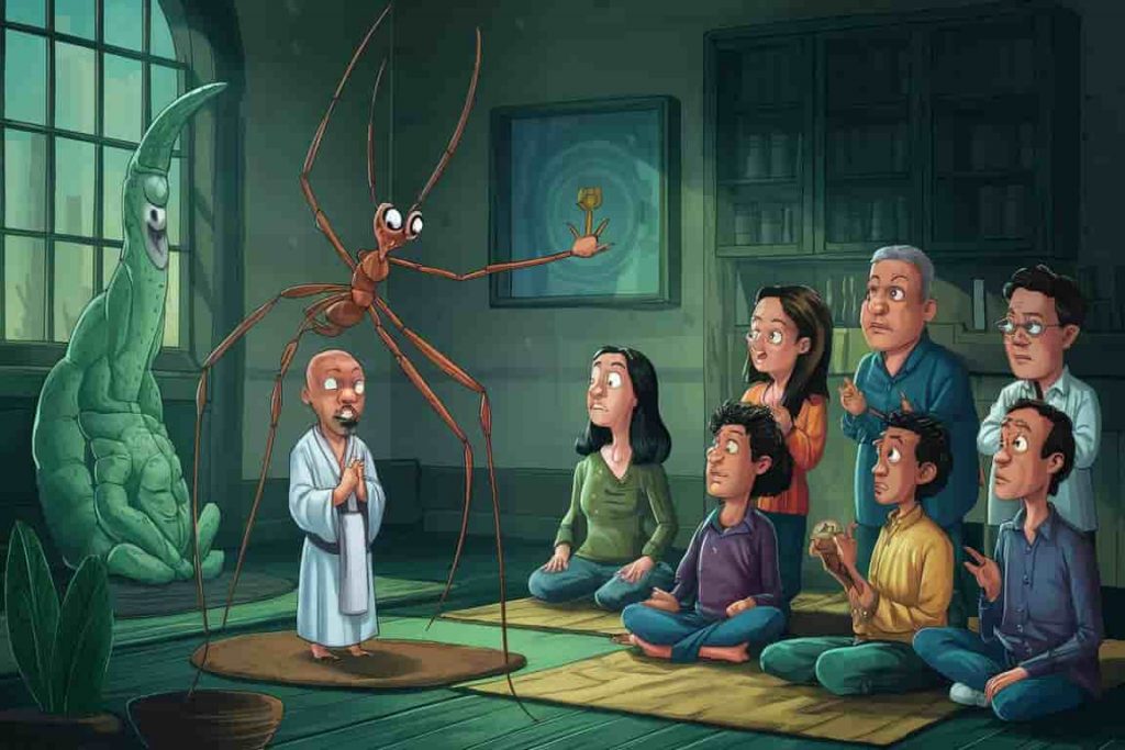 Cartoon of daddy long legs teaching spiritual lessons to diverse group