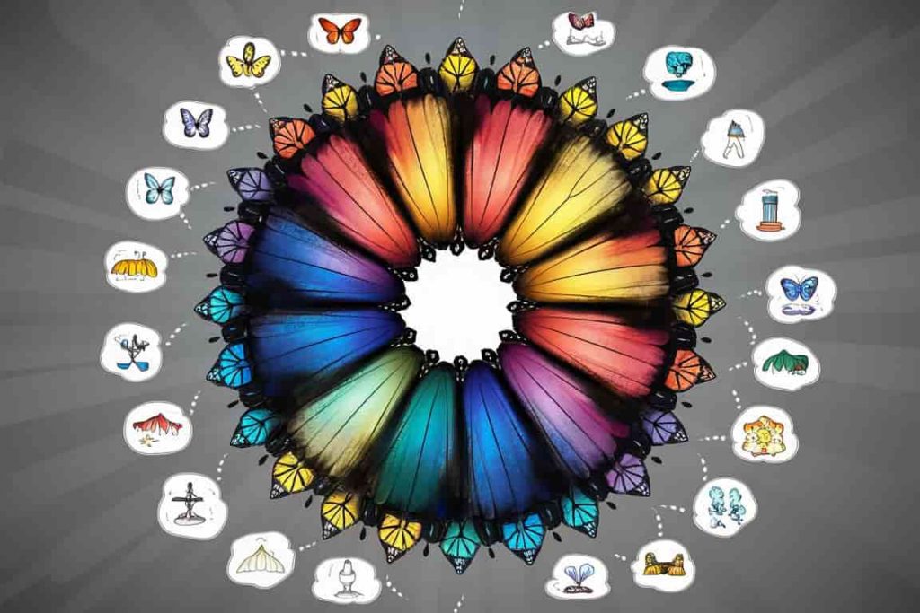 Color wheel made of butterfly wings with icons representing spiritual meanings of each color